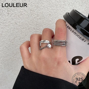 

LouLeur Real 925 Sterling Silver Smile Rings Female Minimalist Good Luck Letter Open Rings for Women Fashion Luxury Fine Jewelry