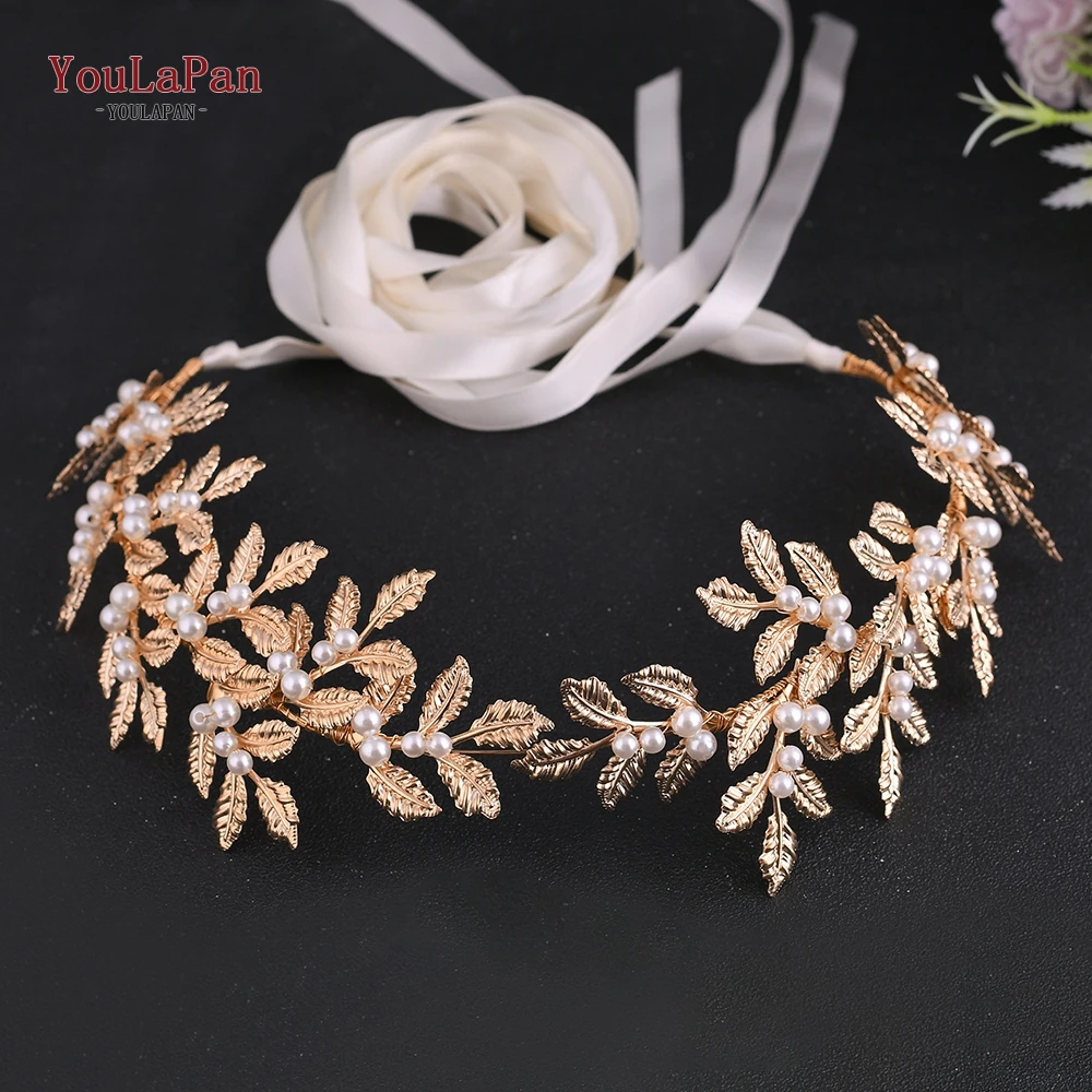 YouLaPan SH353 Sparkly Skinny Belt Gold Leaf Wedding Belt with Pearls Womens Formal Belts Wedding Waist Jeweled Dress
