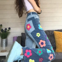 Sunny y.j. Floral Cute Patchwork Vintage Jeans Mom Contrast High Waisted Jeans Blue Denim 90S Wide Leg Trousers Baggy Street 90S