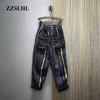 

European Jeans Women 2020 Spring New Elastic-Waist Personality Striped Printing Large Size Denim Harem Pants Jeans