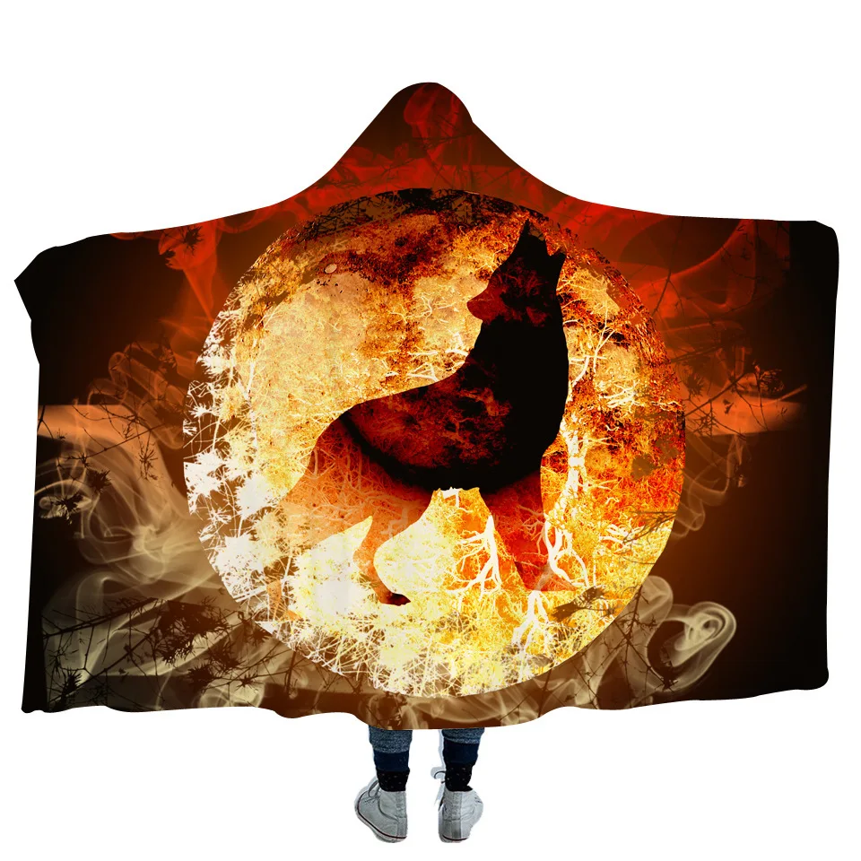 

Fire Snow Wolf Hooded Blankets Cloak Thick Warm Hooded Blankets for Adult Children Washable Warm Bed Velet Fleece Throw Blankets