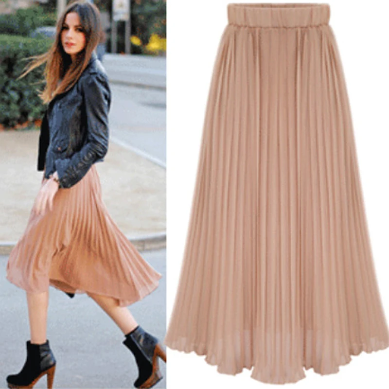 Новинка, модные женские юбки миди, Повседневная однотонная плиссированная юбка, цветная шифоновая юбка, женская одежда, женская уличная одежда CDR1473