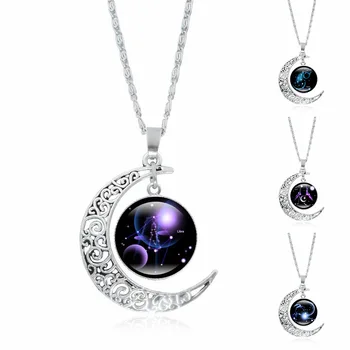 

12 Constellation Necklace Crescent Moon Pendant Glass Cabochon Zodiac Jewelry Men Women Creative Birthday Gift