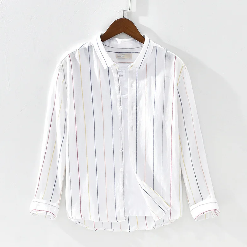 

Top Quality Striped 100% Linen Men Long-sleeved Casual Shirt Summer Breathable Pure Flax Dress Shirts Male Camisas TS-587