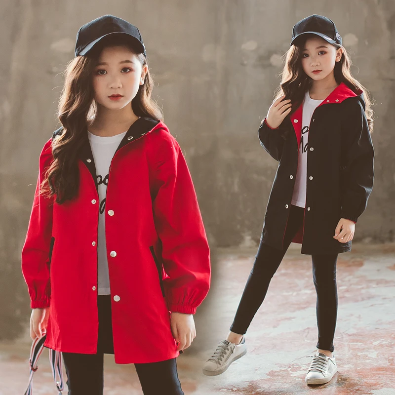 Весенняя Детская куртка повседневные ветровки куртки для девочек Детская верхняя одежда с капюшоном ветрозащитное пальто для девочек 5, 8, 10, 12, 13 лет - Цвет: reversible wear