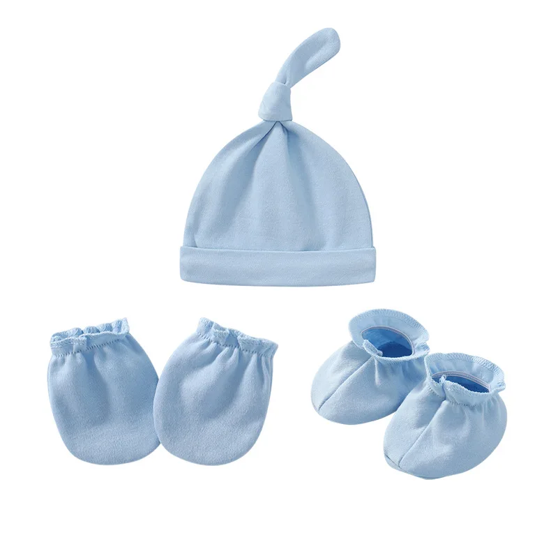3pcs Set Baby Hats Newborn Gloves Baby Feet Cover Pure Cotton Pure Color Pure Cotton Set