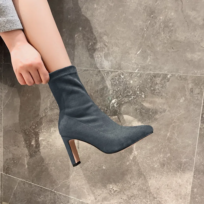 

YMECHIC Autumn Winter 2019 Fashion New Arrival Sexy High Heels Pointed Toe Suede Slim Slip on Ankle Sock Boots Black Woman Shoes
