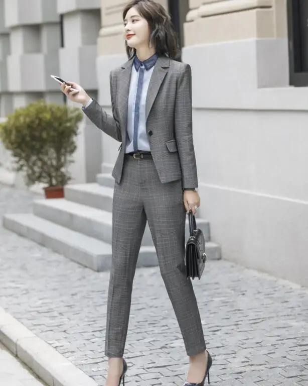 pants suits Костюм женский брючный костюм женский костюмы женские женский костюм Стильные клетчатые брюки высокого качества, костюмы для женщин, деловой Блейзер, брюки, Офисная Леди, комплект из 2 предметов, 4XL Осень-зима - Цвет: pants suits