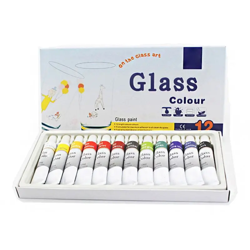 12ml 12 Color Glass Paint Acrylic Hand Painted Pigments Drawing Tubes Art Supply