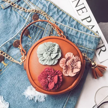 

New Arrival Girls' flower round bag Round Shaped Handmade Wedding Flower Decorated Purse Chain Bag Mini Shoulder Gorgeous Bag