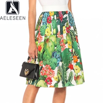 

AELESEEN 100% Cotton Women Skirt Runway Fashion Wasit Elastic Green Flower Print High Quality Knee-Lenght Party Holiday Skirts