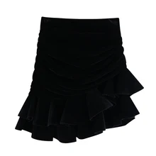 Однотонные облегающие юбки для женщин, модные бархатные ниспадающие юбки с рюшами, женские элегантные Асимметричные мини-юбки для женщин JAE