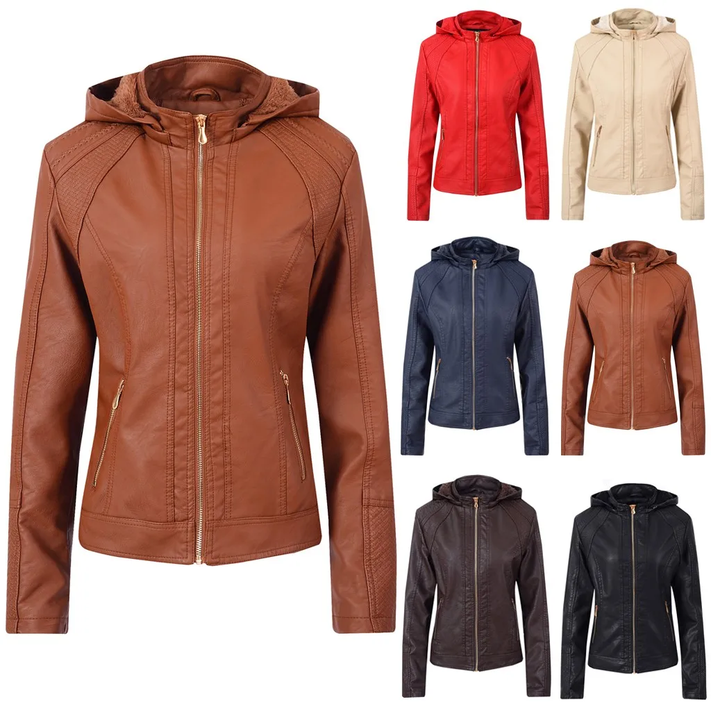Women's leather jacket Plus Velvet куртка кожаная женская coat female пальто женское Zipper Motorcycle Leather Hooded Jacket#3