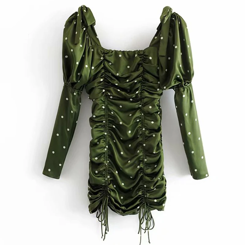 2019 Vrouwen Vintage Polka Dot Trekkoord Gedrapeerde Bodycon Mini Jurk Romantische Dame Bladerdeeg Mouw Vierkante Hals Partij Sexy Jurk 2019 Vrouwen Vintage Polka Dot Trekkoord Gedrapeerde Bodycon Mini Jurk Romantische Dame Bladerdeeg Mouw Vierkante Hals Partij Sexy Jurk