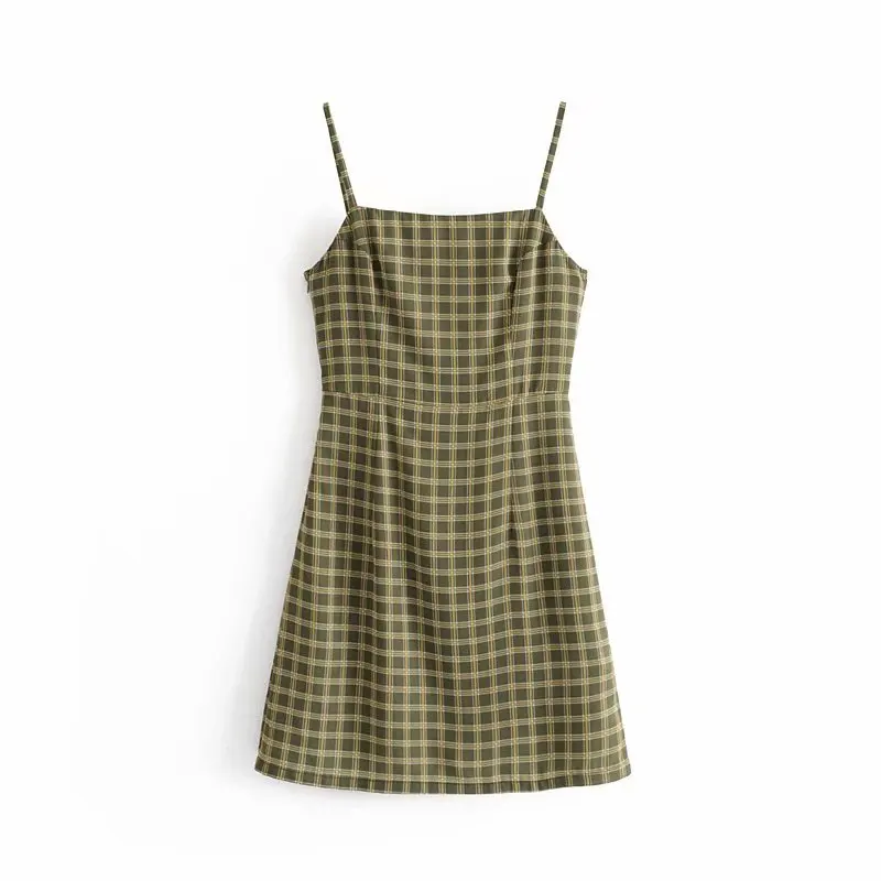 

Western Style 2019 Summer New Style Slim Fit Slimming Avocado Green Retro Plaid Strapped Dress Short Skirt Women's