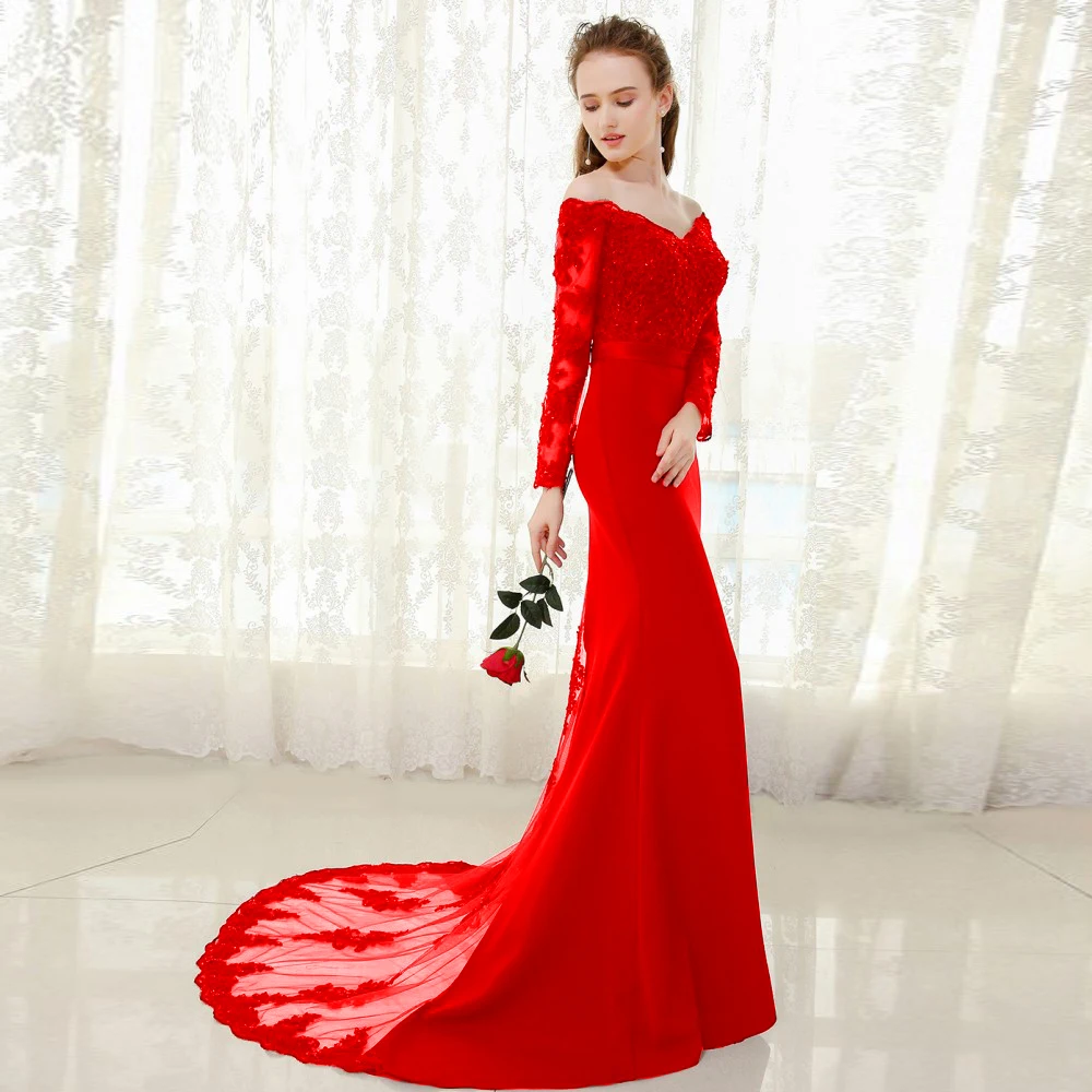 Красный Vestido de festa Longo русалка кружевной Топ Лиф тонкая линия Длинные подружки невесты платья быстрой доставки очаровательные свадебные вечерние платья Новые - Цвет: Красный