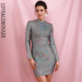 

LOVE&LEMONADE Sexy High Neck Open Back Colorful Sequins Elastic Material Bodycon Long Sleeve Party Dress LM82081