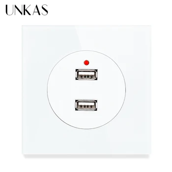 

UNKAS Dual USB Charging Port 5V 2.4A Output LED Indicator Socket 86 * 86mm Tempered Crystal Glass Panel Black White Gold Outlet