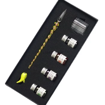 

7PCS/SET Spiral Pattern Glass Pen Dip Writing Ink Crystal Signature Pens Set for School Decoration Gifts Art Supplies