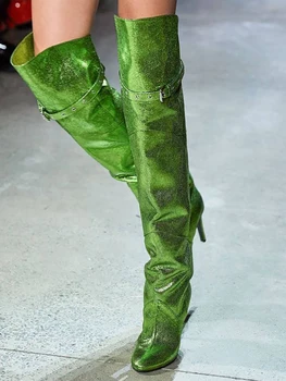 

Spring 2020 Woman Runway Long Boots Belted Closure Sequined Cloth Round Toe Manufacturer Over The Knee Boots Fashion
