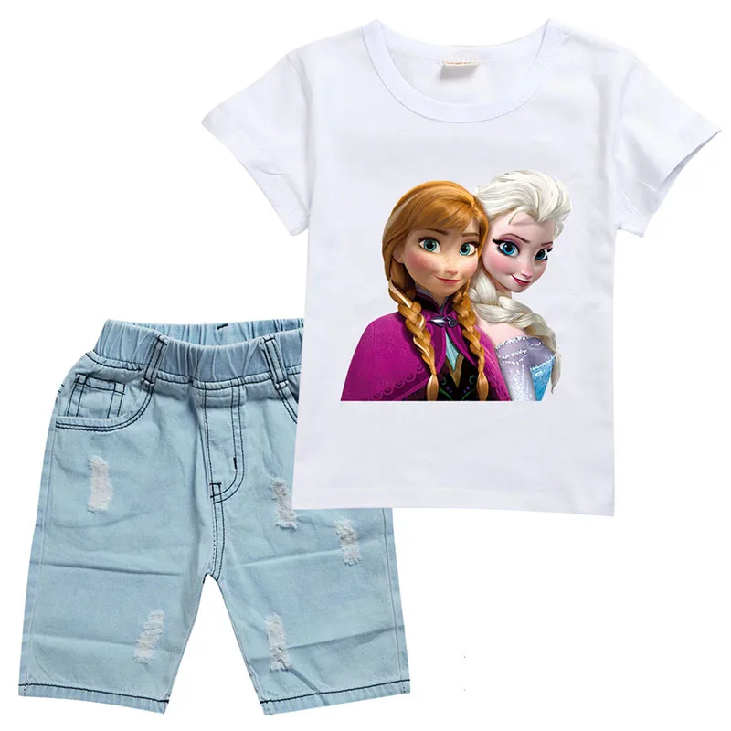 Summer Girl Disney Cartoon Cotton T Shirt with Denim Pants Set Frozen Anna Elsa Printed Clothes Suit Child Baby Toddler Clothing | Детская