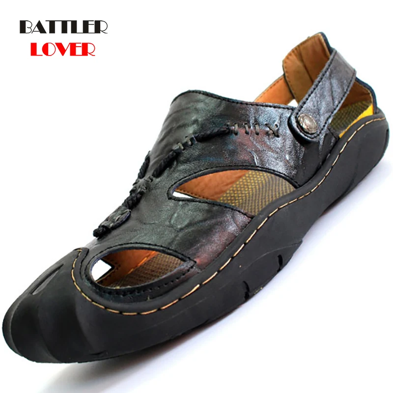 Mens Sandals Cow Leather Beach Sandals Brand Men Casual Shoes Genuine Leather Sneakers Men Summer Non-slip Footwear Men