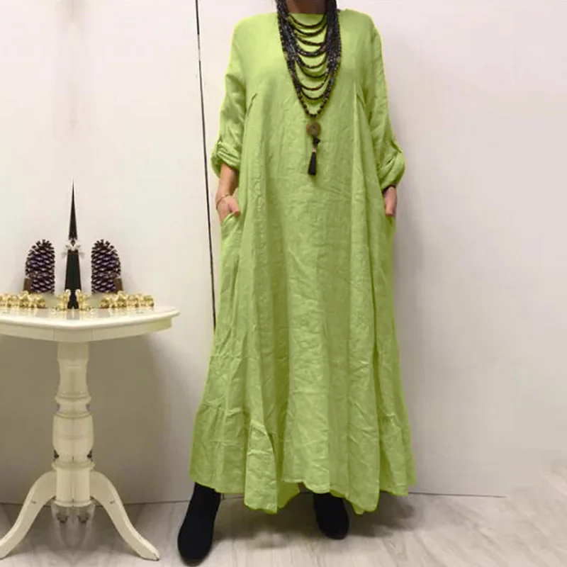 Womens Autumn Sundress ZANZEA 2020 Elegant Solid Maxi Dress Casual Long Sleeve Vestidos Female O Neck Robe Femme Plus Size 5XL