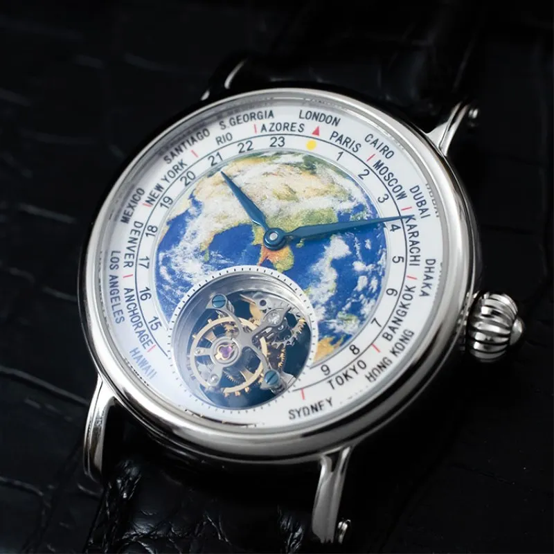 Top Brand Luxury Men Tourbillon Watches Male Sapphire Clock 3D Earth Enamel Dial ST8000 Mens Mechanical Watch Crocodile Leather