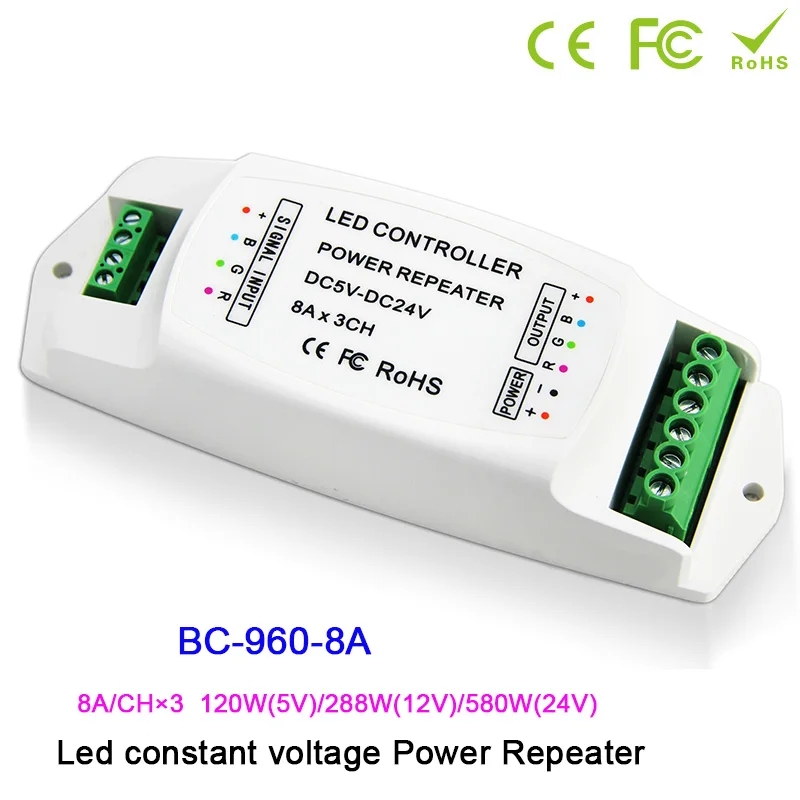 

BC-960-5A/BC-960-8A/BC-960-10A DC5V-24V led Ampilier 5A/8A*3CH,10A*1CH data repeater/led RGB/mono amplifier PWM power repeater