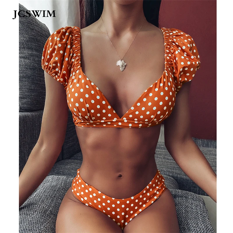

JCSWIM Dot Print Bikini Mujer 2020 High Waist Swimwear Women Summer Bandage Swimsuit Female Two Pieces V Neck Brazilian Biquini