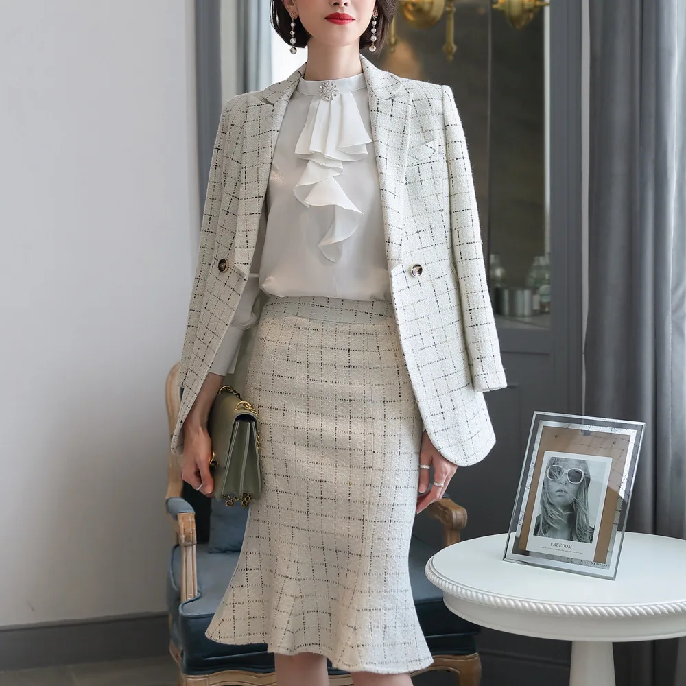 Зимний костюм плотный теплый материал Блейзер юбка комплект клетчатая куртка