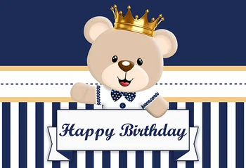 

7x5FT Blue White Stripes Cute Teddy Bear Happy Birthday Party Custom Photo Studio Backdrops Backgrounds Vinyl 220cm X 150cm