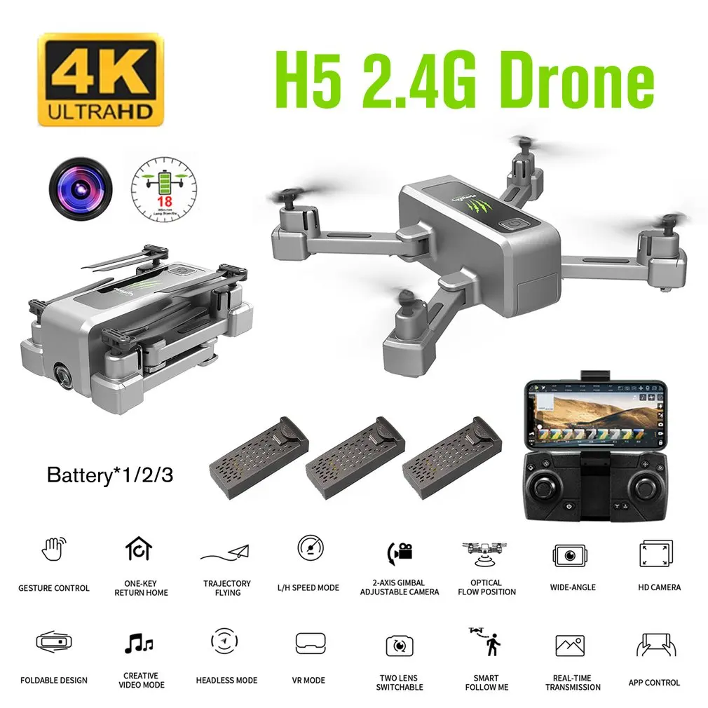 

H5 2.4G Foldable RC Drone Aircraft 4K HD Camera 90 Degree Wide Angle Optical Flow Positioning Follow Me Airplane Toy