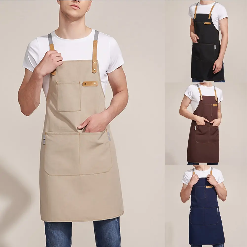 Bbq Canvas Apron Bib Chef Kitchen Apron For Women Men Barista Bartender Pockets Home Barber Cook