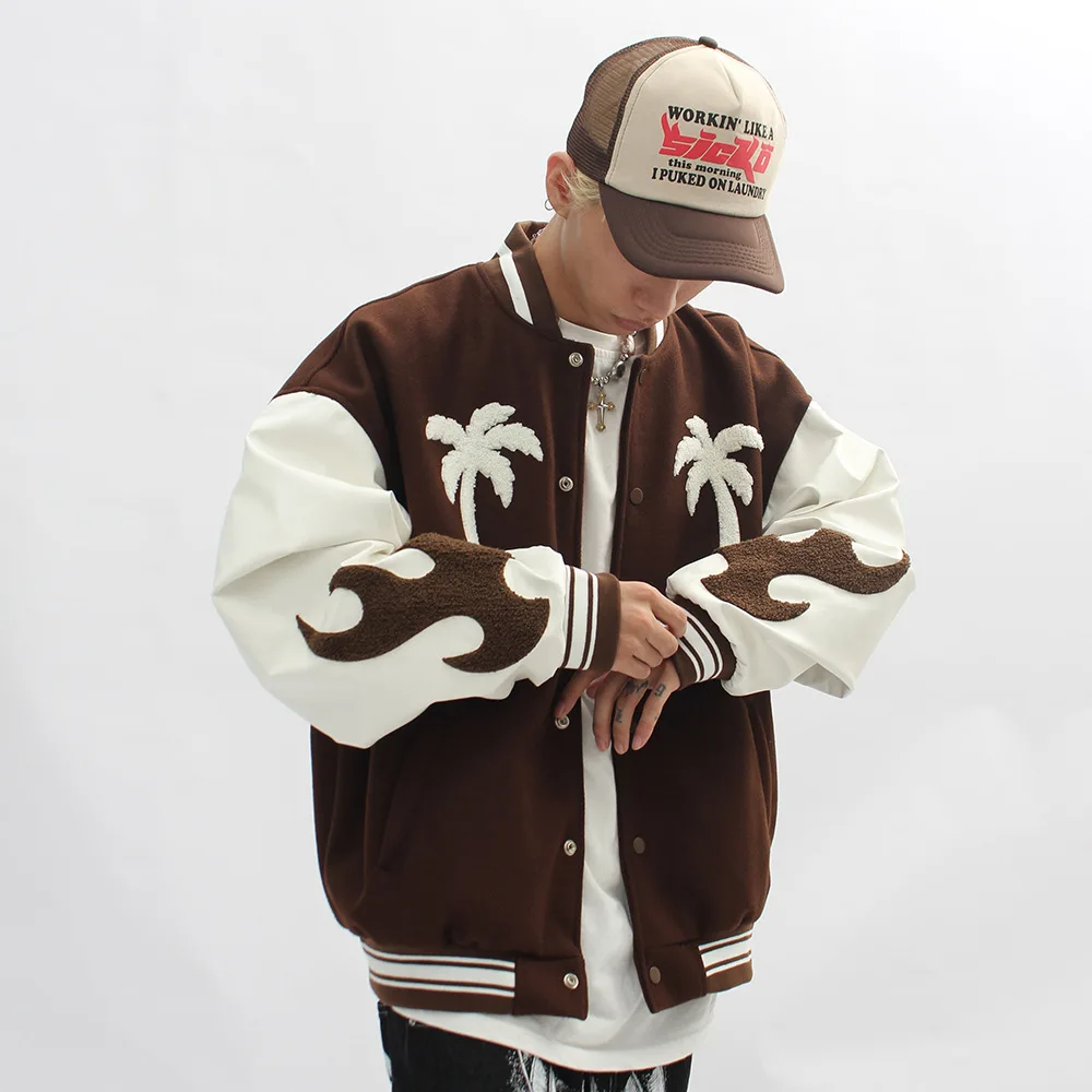 

Fashion Bomber Jacket Brown Baseball Jacket Mens Hip Hop Embroid Baseball Jacket Winter Varsity Jacket Palm Tree Streetwear