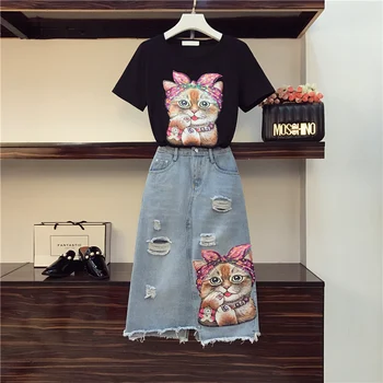 

2020 New Summer Fashion Women's Sets Sequins Cartoon Short Sleeve Tshirts + Medium-long Hole Denim Skirts Casual Students Suits