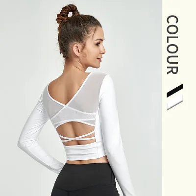 US $15.39 X-HERR Women Mesh Yoga Top Built In Bra Backless Sport Top Cropped Long Sleeve For Dance Gym Shirts