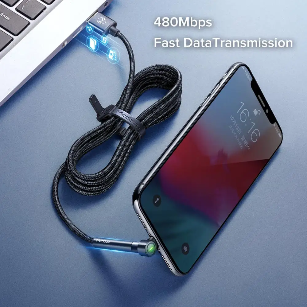 MCDODO 1,2/1,8 m 90 usb-кабель для iPhone XS Max XR X 8 7 6s Plus 5 светодиодный зарядный держатель кабель мобильного телефона зарядное устройство Шнур данных