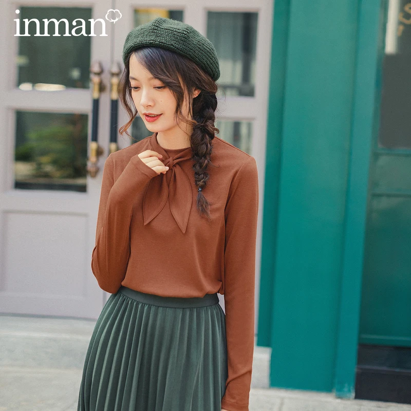 Comprar INMAN 2020 primavera nueva llegada Color sólido Orejas de conejo atado cuello tejido básico minimalista mujer Camiseta de manga larga