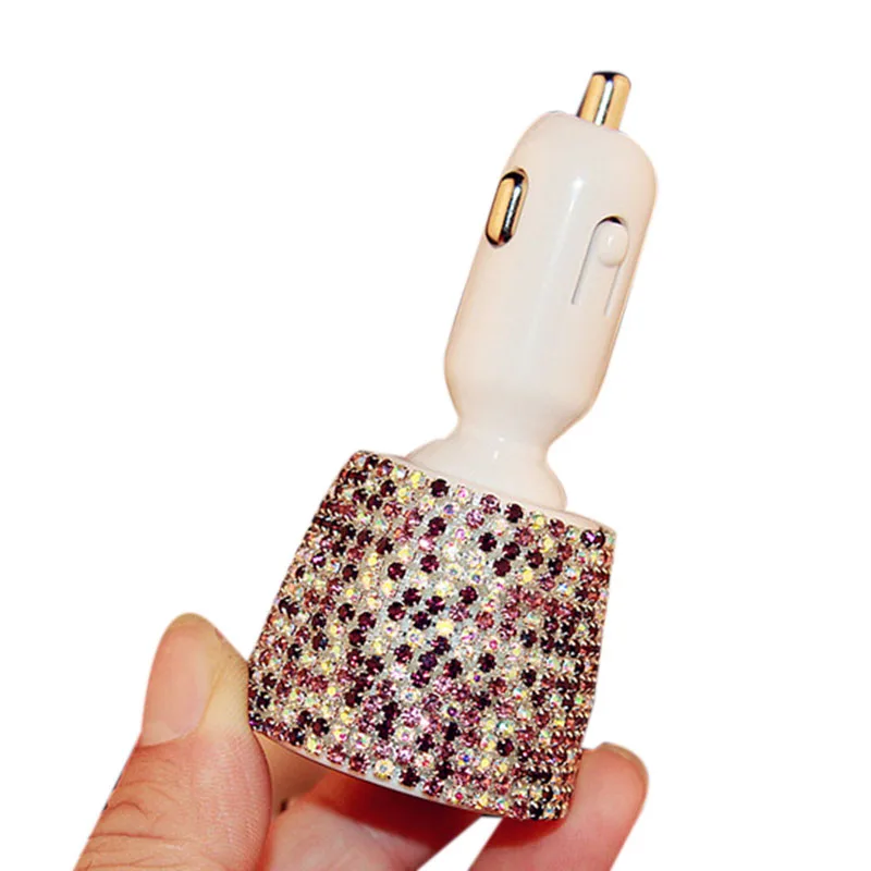 

Crystal Rhinestones Dual USB Quick Charge Car Charger For Mobile Phone Ipad Rotate Fast Charging Adapter Purple