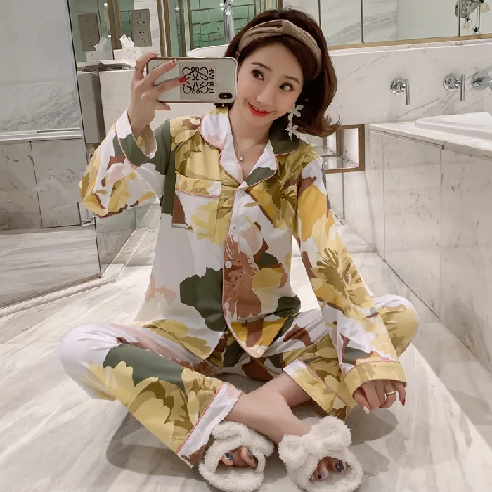 

Spring And Autumn Long Sleeve Trousers Cardigan Pajamas WOMEN'S Suit 1025 # 200g Single Side Qmilch Good Quality