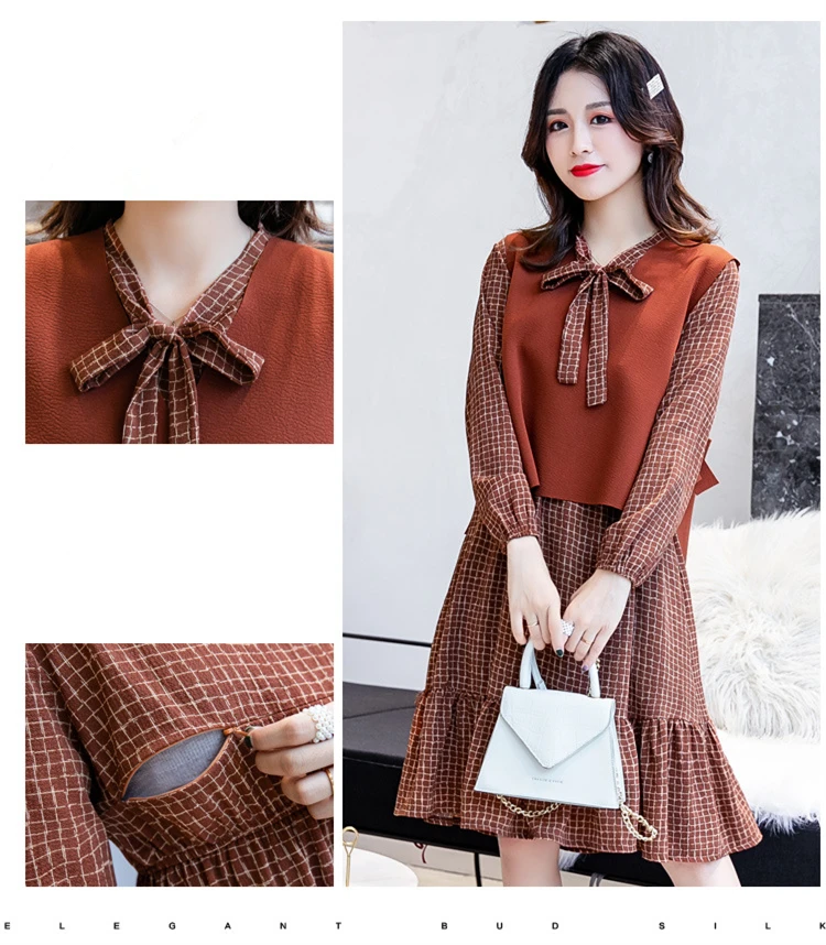 Fashion Womens Breastfeeding Dresses Autumn Winter Maternity Pregnant Nursing Dress 2 Pcs Long Sleeve Ruffles Pregnancy Clothes (4)