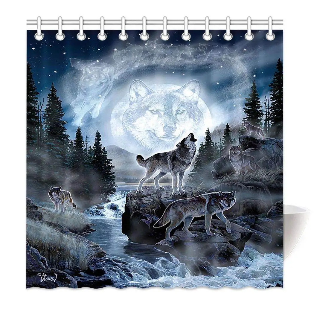 

Shower Curtain with Hooks Bathroom Waterproof Moon Wolf Polyester [Kitchen]