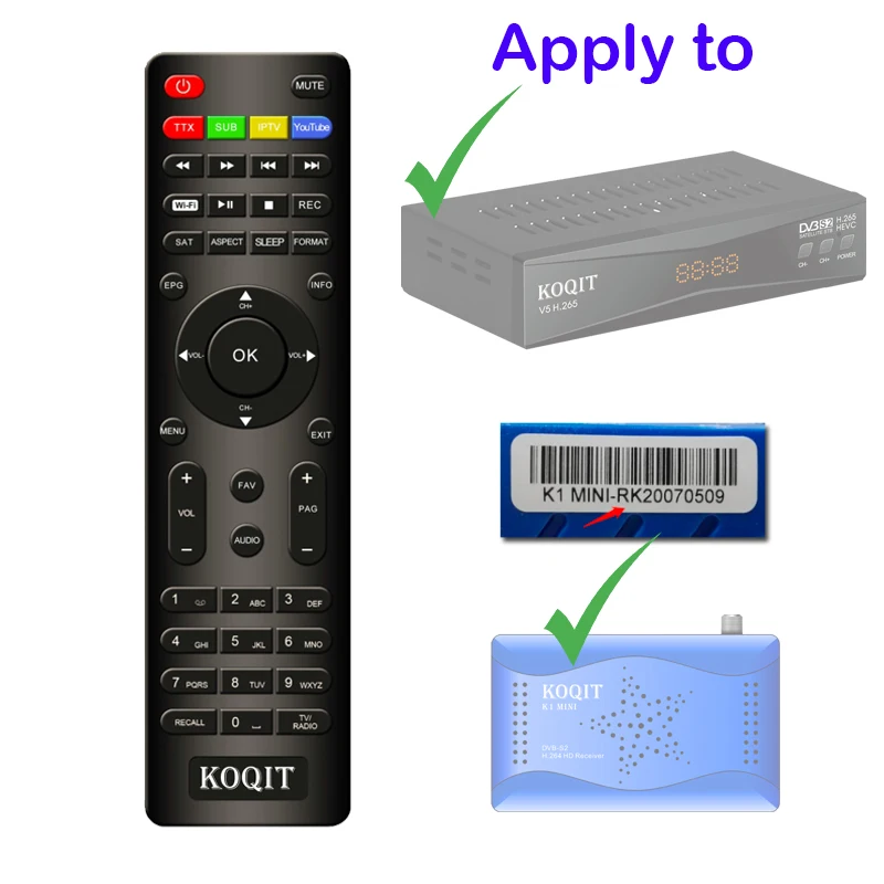 Extra Remote Control Apply to Koqit V5H / Meecast K1 MINI (K1 MINI-RK*) HEVC IR Receiver Led Display Satellite tv | Электроника