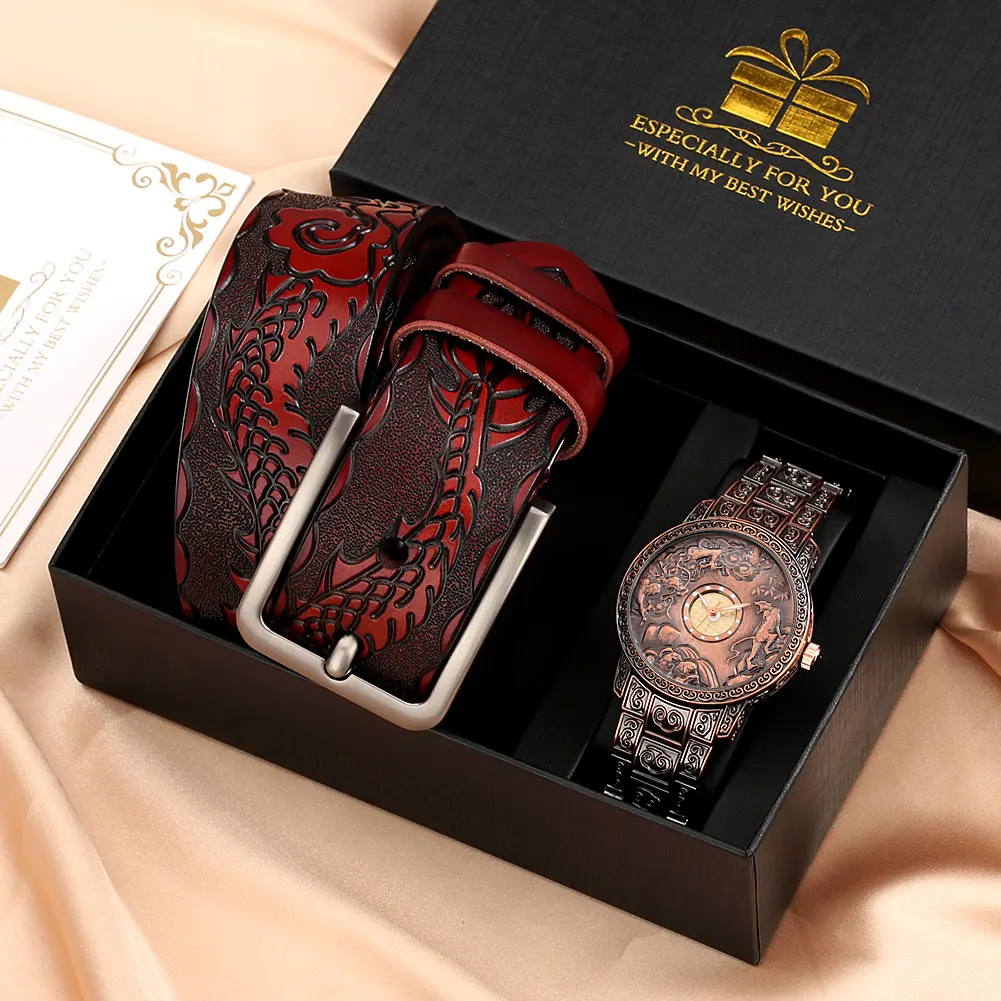 Caja de reloj de lujo para hombre, reloj con patrón de cuarzo en relieve, correa de acero inoxidable, reloj de moda