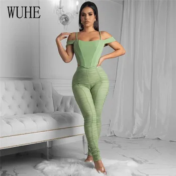 

WUHE Summer Black Sexy Bodycon Jumpsuit for Women Two Pieces Double Mesh Skinny Rompers Draped Going Out Club Bandage Overalls