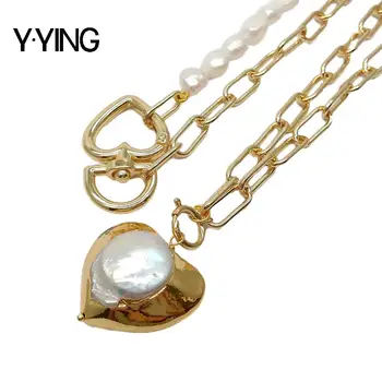 

Y·YING natural 2 Rows Cultured White Baroque Pearl statement Chain Necklace Heart-Shaped Pearl Pendant necklace for women