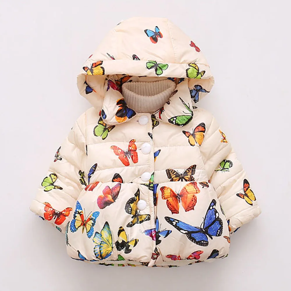 Baby Winter Coats Hooded Butterfly Print Plus Velvet Infant Girls Jackets Fashion Kids Clothing Baby Girl Outerwear Parkas - Цвет: Бежевый