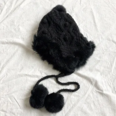 Корейский осень и зима кролик меховой вязаный шарик шапка теплый наушник сплошной цвет шерсть шапка Открытый Универсальный двойной слой толстый Usha - Цвет: Черный