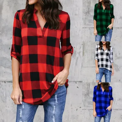 

New Casual Red Plaid Women Blouses Black Red Check Boyfriend Style Shirts Loose Camisa Tops Autumn 5XL Plus Size